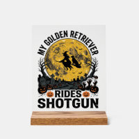 Golden Retriever Rides Shotgun Halloween Witch Art