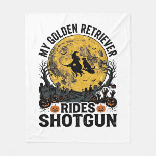 Golden Retriever Rides Shotgun Halloween Witch Art Fleece Blanket