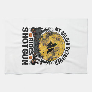 Golden Retriever Rides Shotgun Halloween Witch Art Kitchen Towel