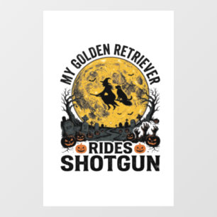 Golden Retriever Rides Shotgun Halloween Witch Art Window Cling
