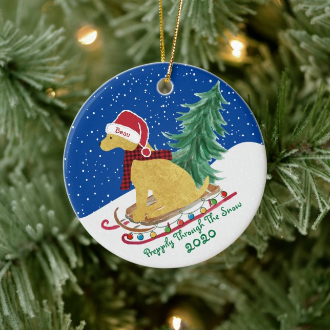 Golden Retriever Riding Xmas Tree Sled Ceramic Ornament (Tree)