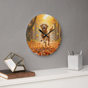 Golden Retriever Running In Autumn Woods Large Clock