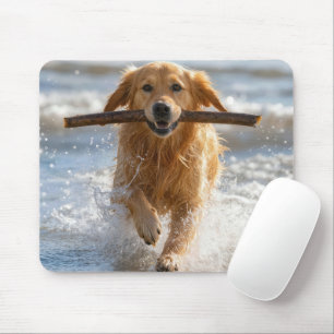 Golden Retriever Running with a Beach Stick Mouse Pad