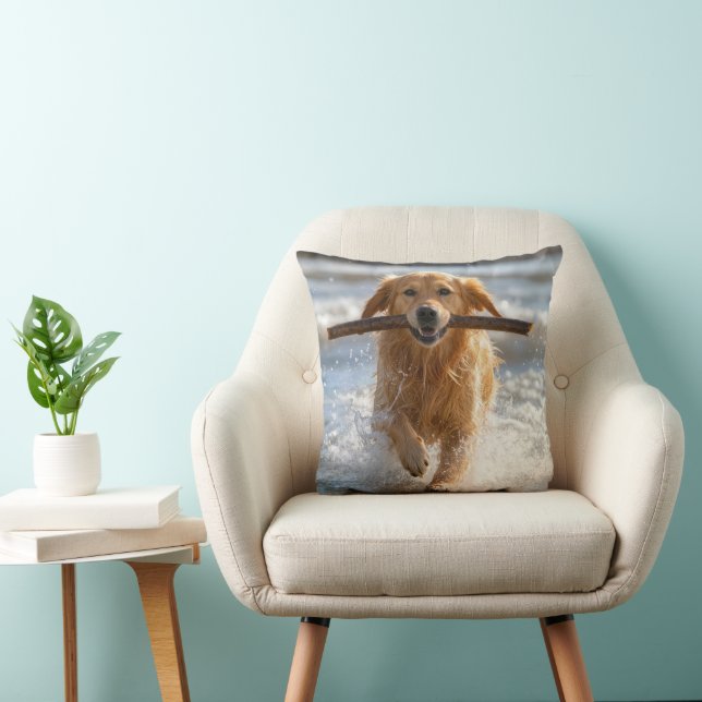 Golden Retriever Running with a Beach Stick Throw Pillow (Chair)