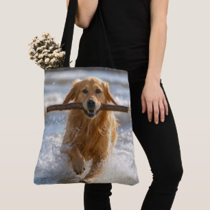 Golden Retriever Running with a Beach Stick Tote Bag