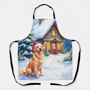 Golden Retriever Rustic Cabin Santa Hat Christmas Apron