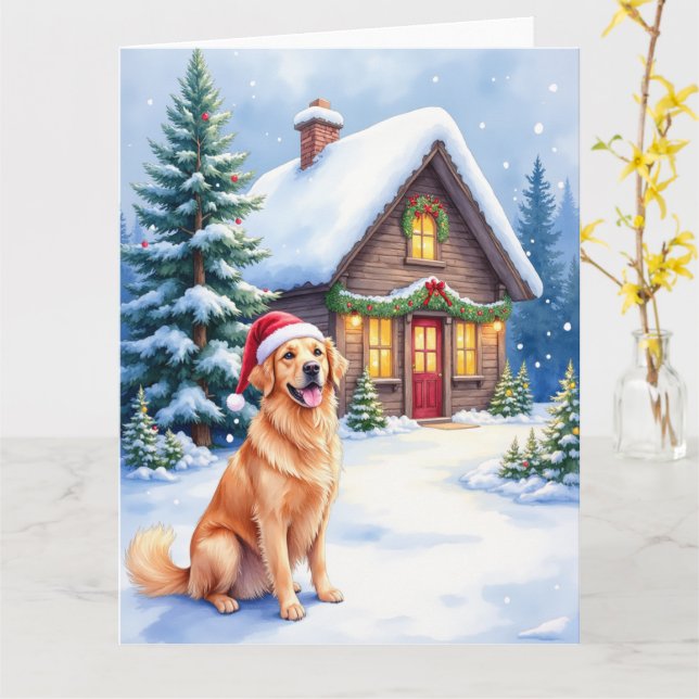 Golden Retriever Rustic Cabin Santa Hat Christmas Card (Yellow Flower)