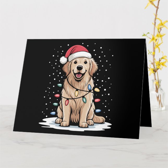 Golden Retriever Santa Christmas Tree Lights Xmas Card (Yellow Flower)