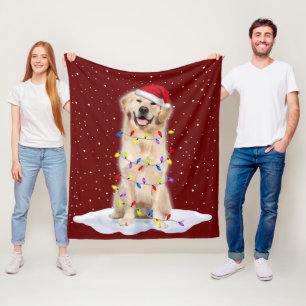 Golden retriever Santa Christmas Tree Lights Xmas Fleece Blanket