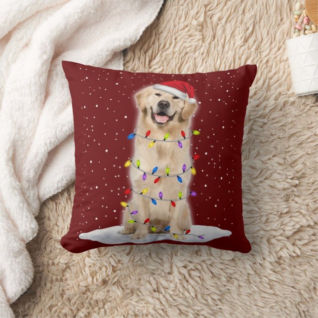 Golden retriever Santa Christmas Tree Lights Xmas Throw Pillow (Blanket)