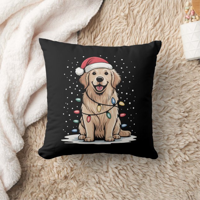 Golden Retriever Santa Christmas Tree Lights Xmas Throw Pillow (Blanket)
