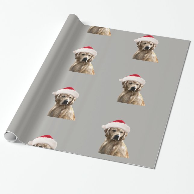 Golden Retriever Santa Hat Gift Wrap Paper Grey (Unrolled)