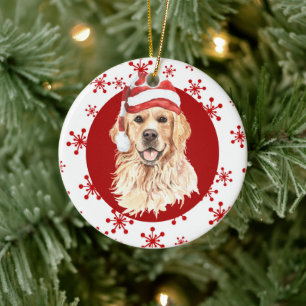 Golden Retriever Santa Hat Red Snowflake Ceramic Ornament