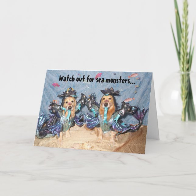Golden Retriever Sea Monster Halloween Card (Front)