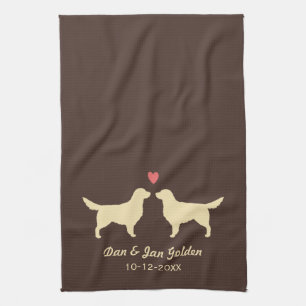 Golden Retriever Silhouettes with Heart and Text Kitchen Towel