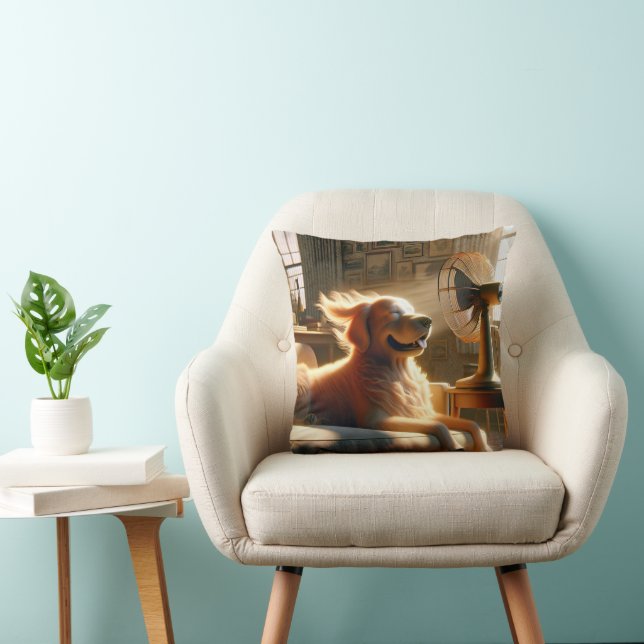 Golden Retriever Sitting in Front of Fan Throw Pillow (Chair)