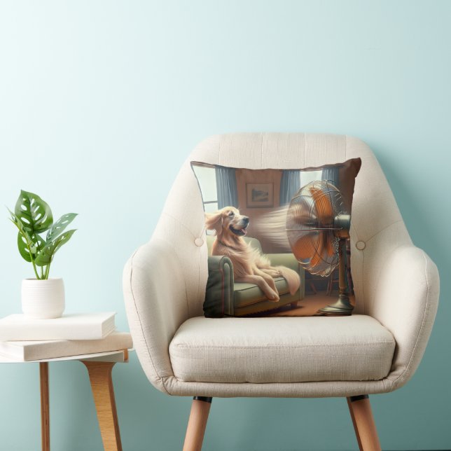 Golden Retriever Sitting in Front of Retro Fan Throw Pillow (Chair)