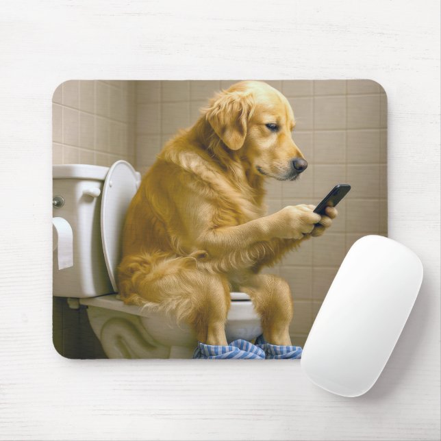 Golden Retriever Sitting On the Toilet Texting Mouse Pad (With Mouse)
