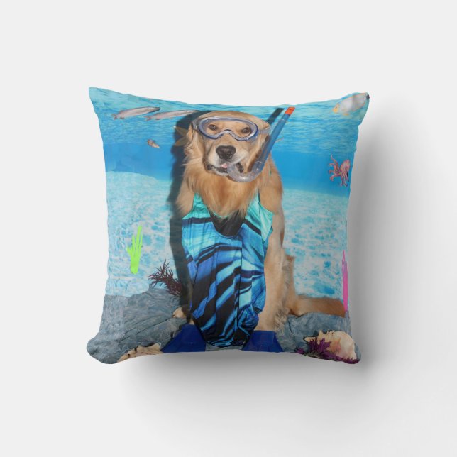 Golden Retriever Snorkeler Throw Pillow (Front)