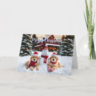 Golden Retriever Snow Puppies Christmas Card