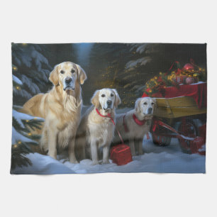 Golden Retriever Snowy Sleigh Christmas Decor  Kitchen Towel