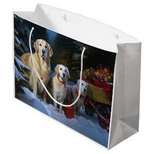 Golden Retriever Snowy Sleigh Christmas Decor Large Gift Bag
