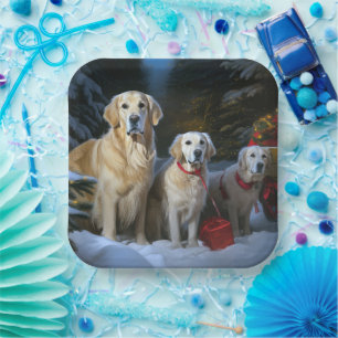 Golden Retriever Snowy Sleigh Christmas Decor  Paper Plate