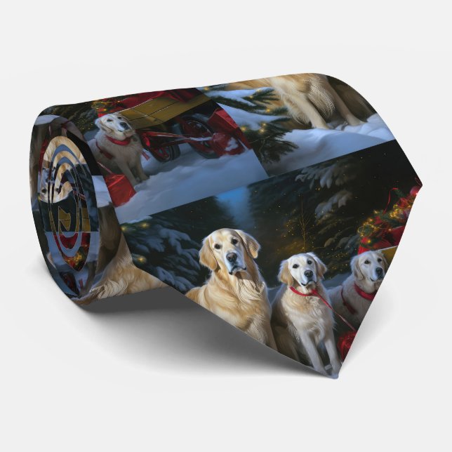 Golden Retriever Snowy Sleigh Christmas Decor  Tie (Rolled)