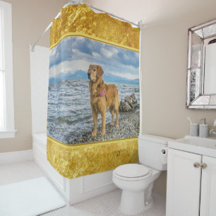 Golden Retriever standing on the blue ocean rocky