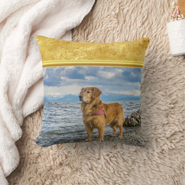 Golden Retriever standing on the blue ocean rocky Throw Pillow (Blanket)