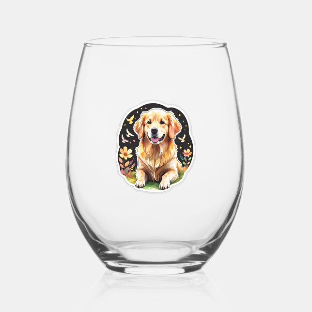 Golden Retriever   Stemless Wine Glass (Front)