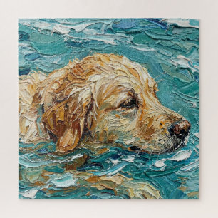 Golden Retriever Swimming I Turquoise Blue Color Jigsaw Puzzle