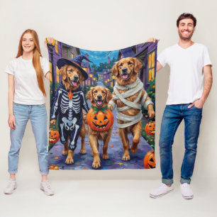 Golden Retriever Trick-or-Treating Halloween Fleece Blanket