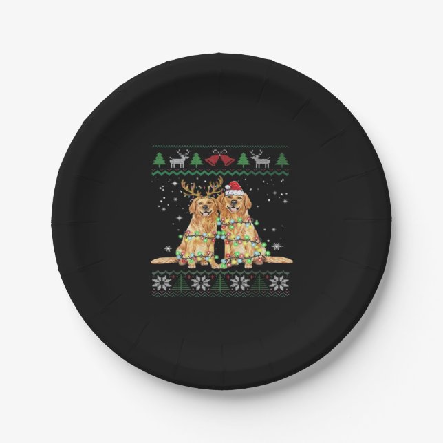 Golden retriever Ugly Christmas Dog Funny Christma Paper Plate (Front)
