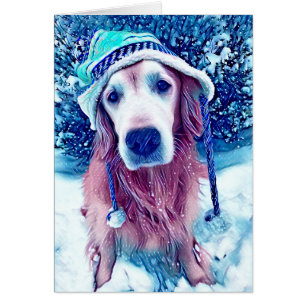 Golden Retriever Vibrant Bleu Hiver Souhaits Art