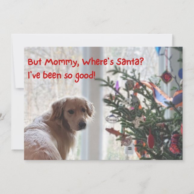 Golden Retriever Waiting For Santa Flat Christmas Holiday Card (Front)