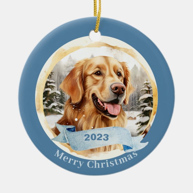 Golden Retriever watercolor dog art Ceramic Ornament (Front)