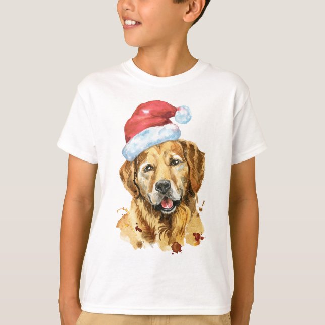 Golden Retriever Watercolor Santa T-Shirt (Front)