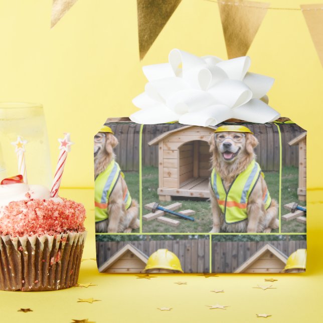 Golden Retriever Wearing a Safety Hard Hat Wrapping Paper (Birthday Party)