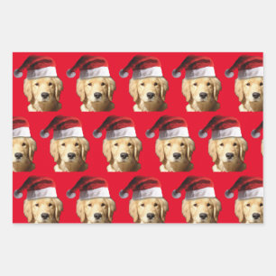 Golden Retriever wearing a Santa Claus Hat Wrapping Paper Sheet