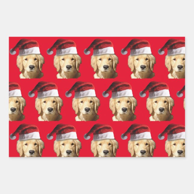 Golden Retriever wearing a Santa Claus Hat Wrapping Paper Sheet (Front)