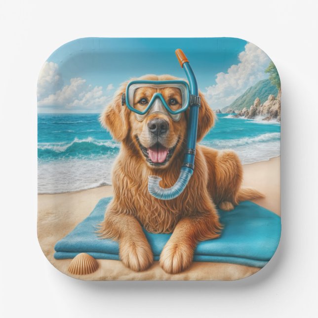 Golden Retriever Wearing Scuba Diving Gear Paper Plate (Front)