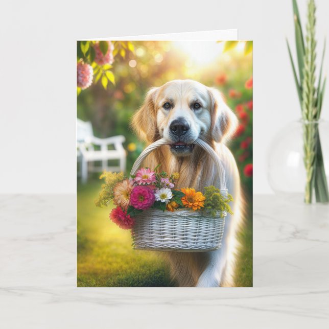 Golden Retriever With a Birthday Flower Basket  Card (Front)