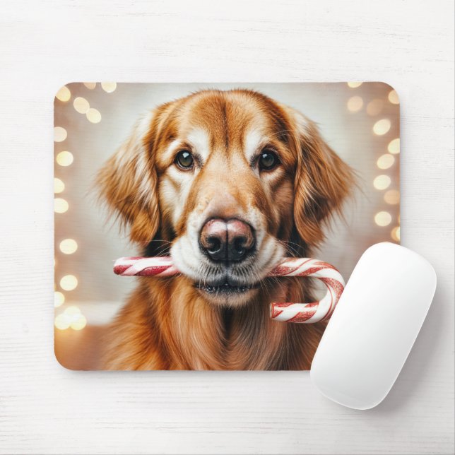 Golden Retriever With a Candy Cane Mouse Pad (With Mouse)