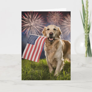 Golden Retriever With American Flag Card