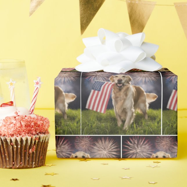 Golden Retriever With American Flag Wrapping Paper (Birthday Party)