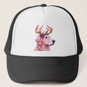 Golden retriever with antlers and holiday wreath  trucker hat