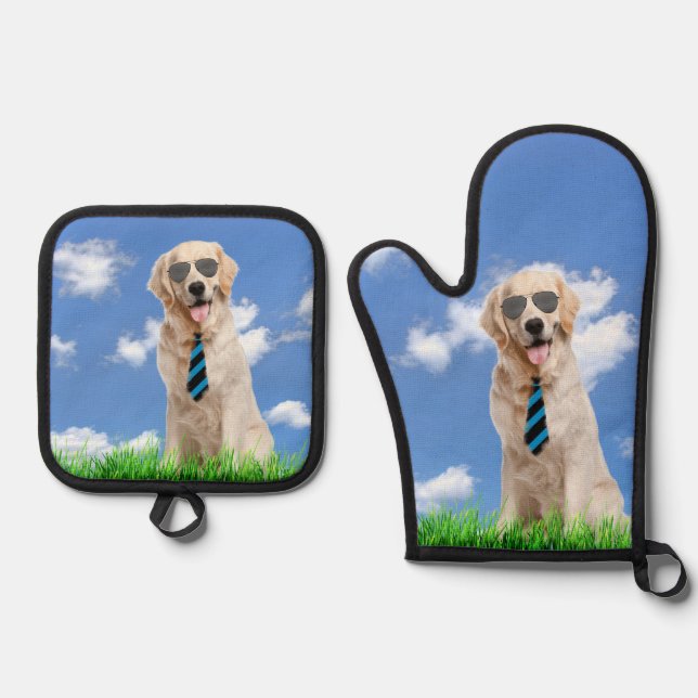 Golden Retriever With Aviator Sunglasses Oven Mitt & Pot Holder Set (Front)