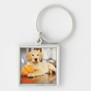 Golden Retriever With Basketball Toy Keychain