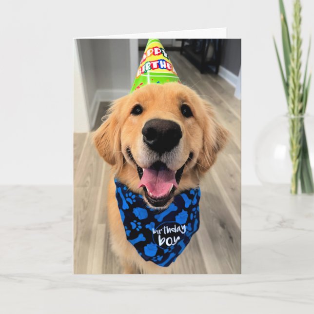 Golden Retriever with Birthday Hat and Bandana Card (Front)